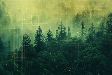 Obraz premium Mystical forest silhouette against green matrix data rain backdrop
