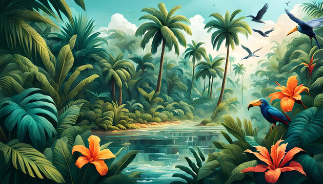 Wand Dekoration Kinderzimmer dichter grüner Dschungel voller wilder Pflanzen und einem Fluss, Vorlage, Hintergrund, Erlebnis Entdeckung für Kinder exotisch tropische Natur Design Palmen