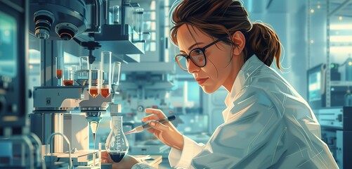 a quantum physicist female experimenting in a high-tech lab, 2d, flat, illustration, solid color.
