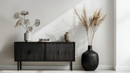 Modern black chest of drawers with pictures and decorative plants near white wall with window shape sunlight