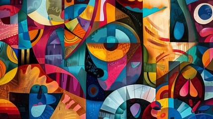 Vivid abstract mural with intricate patterns and bold colors