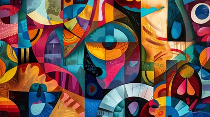Obraz premium Vivid abstract mural with intricate patterns and bold colors