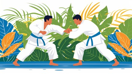 karateka or judoka athlete wears a white kimono to practice karate or judo. Copy space, neutral background