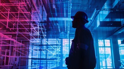 Augmented Reality Building Inspection Silhouette of Inspector Identifying Discrepancies in Construction