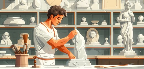 a stonemason male carving a statue from marble, 2d, flat, illustration, solid color. - obrazy, fototapety, plakaty