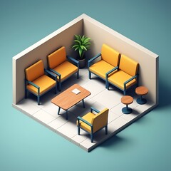 Isometric view of interior, tables, sofa,