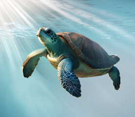 Wasser Schildkröte mit Flossen und Panzer schwimmt im Meer im Sonne Licht Strahlen unterwasser tiere tauchen natur bedroht Plastik tropisch meeresschildkröte ozean umweltschutz symbol 