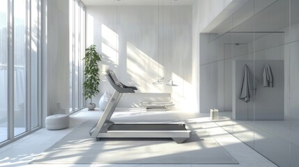 Create a 3D visualization of a fitness corner set in a pristine white studio. Place a treadmill as the focal point with a design that complements the minimalist aesthetic