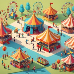 Carnival funfair, amusement park with circus tent,