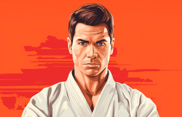Obraz premium karateka or judoka athlete wears a white kimono to practice karate or judo. Copy space, neutral background