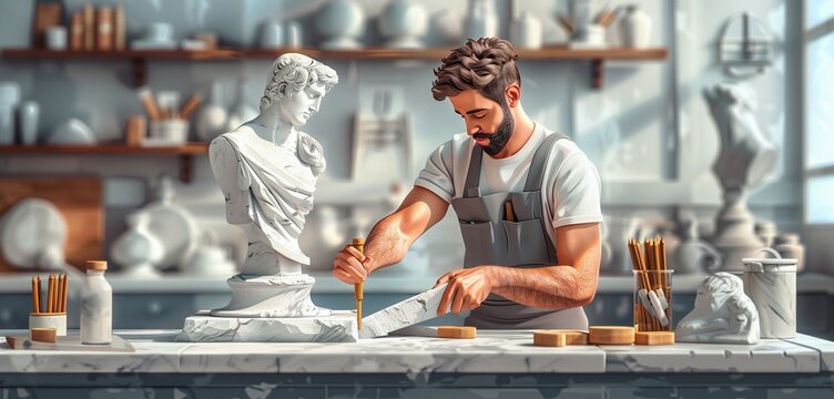 a stonemason male carving a statue from marble, 2d, flat, illustration, solid color.