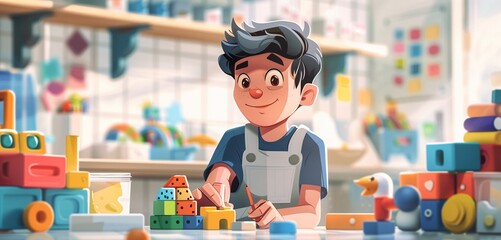 a toy designer male creating children's toys, 2d, flat, illustration, solid color. - obrazy, fototapety, plakaty