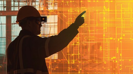 AR Safety Officer Analyzing Construction Site Risks with Digital Blueprints