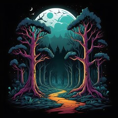 full moon in dark woods at night, fantasy forest panorama