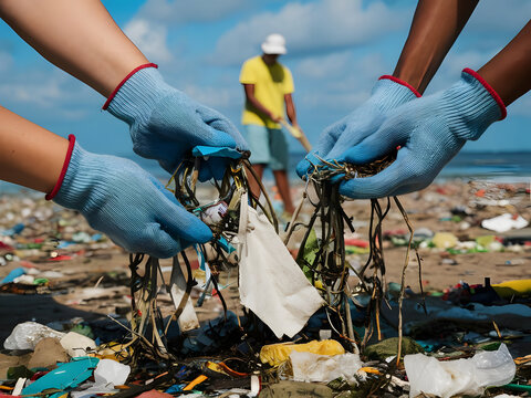 Personas limpiando basura en la playa