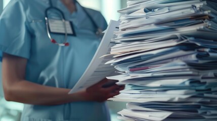Create a visual description of a nurse in a close-up, immersed in a stack of documents, portraying the demanding yet essential paperwork aspect of healthcare