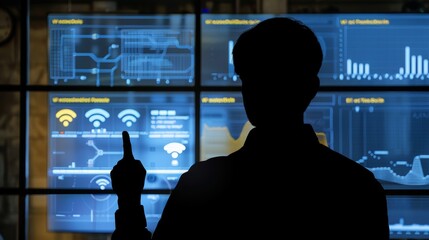 Securely Connected Cybersecurity Expert Monitoring Network Traffic on Advanced WiFi 7 Dashboard