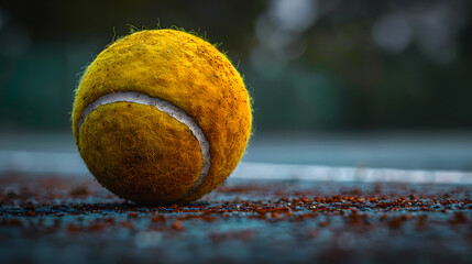 A tennis ball flying lying on the ground against the background of a tennis court