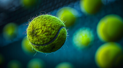 A tennis ball flying lying on the ground against the background of a tennis court