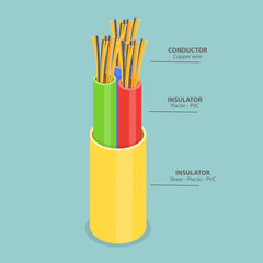 3D Isometric Flat Vector Illustration of Conductors And Insulators, Electrical Cables Structure