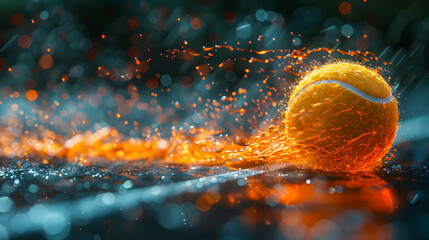 A tennis ball flying at a speed dripping with water droplets around it.