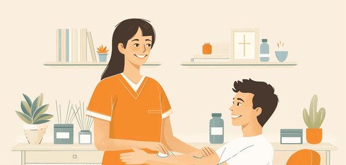 an acupuncturist female treating a patient, 2d, flat, illustration, solid color. - obrazy, fototapety, plakaty