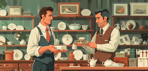 an antique dealer male evaluating vintage items in a store, 2d, flat, illustration, solid color. - obrazy, fototapety, plakaty