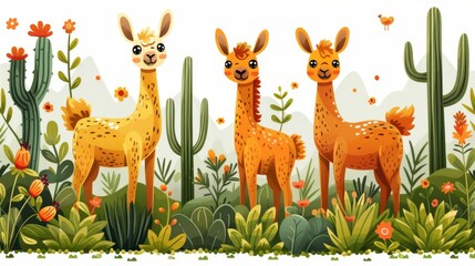 Obraz premium Childish flat cartoon modern illustration for wrapping paper, textile print. Illustration of wild Andean animals and cactuses with adorable llamas. Background with funny wild Andean animals and