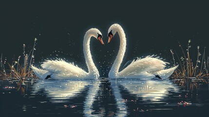 An illustration of two white swans floating together in a pond or lake. Waterfowls in love. A flat colorful modern illustration in trendy style.