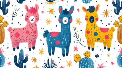 Obraz premium Modern illustration of flat cartoon llamas on white background. Childish flat cartoon illustration for wrapping paper, textile print.