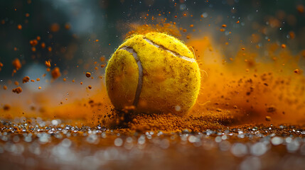 Tytuł: A tennis ball flying lying on the ground against the background of a tennis court
