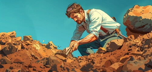 an archaeologist male digging at an ancient site, 2d, flat, illustration, solid color. - obrazy, fototapety, plakaty