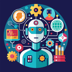 Science and business technology banner with robot chat bot and graphic elements. Flat style. Vector illustration