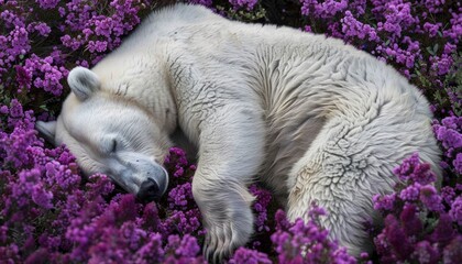 Polar bear sleeping peacefully amidst purple flowers - obrazy, fototapety, plakaty