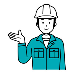 右手で案内する作業員の男性