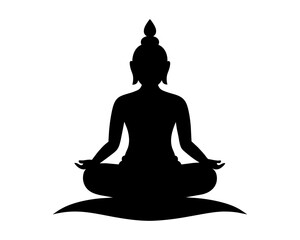 Black Silhouette of Buddha in lotus position isolated on white background. Graphic illustration. Buddhist meditation icon. Concept of Zen practice, religious, meditation, Buddhism