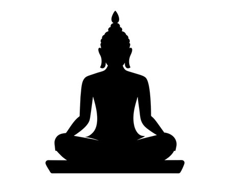 recommend clip art: Black Silhouette of Buddha in lotus position isolated on white surface. Graphic illustration. Buddhist meditation icon. Concept of Zen practice, religious, meditation, Buddhism
