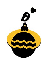 A bird is sitting on top of a yellow and black ball