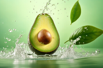 Fresh avocado with water splash isolated on green background.