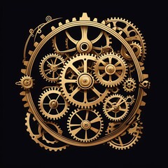 a close up of a black and gold clock with gears on it's face and dials on the inside of the clock.
