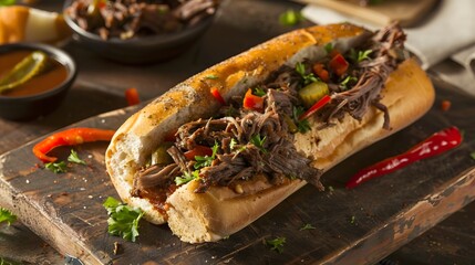 italian beef sandwich chicago, fresh gourmet food homemade with roasted beef and bell pepper