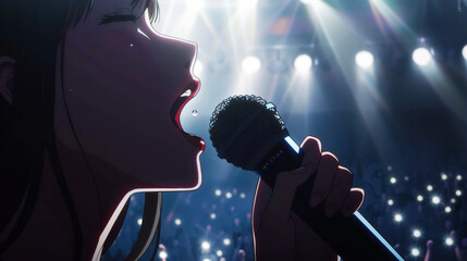 Cartoon image of female idol singer on stage..