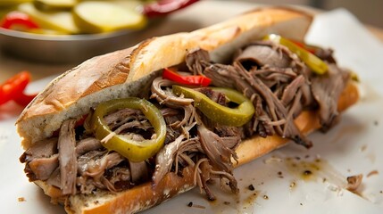 italian beef sandwich chicago, fresh gourmet food homemade with roasted beef and bell pepper