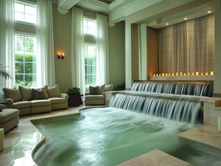 A large indoor pool with a waterfall and a few couches. Scene is calm and relaxing