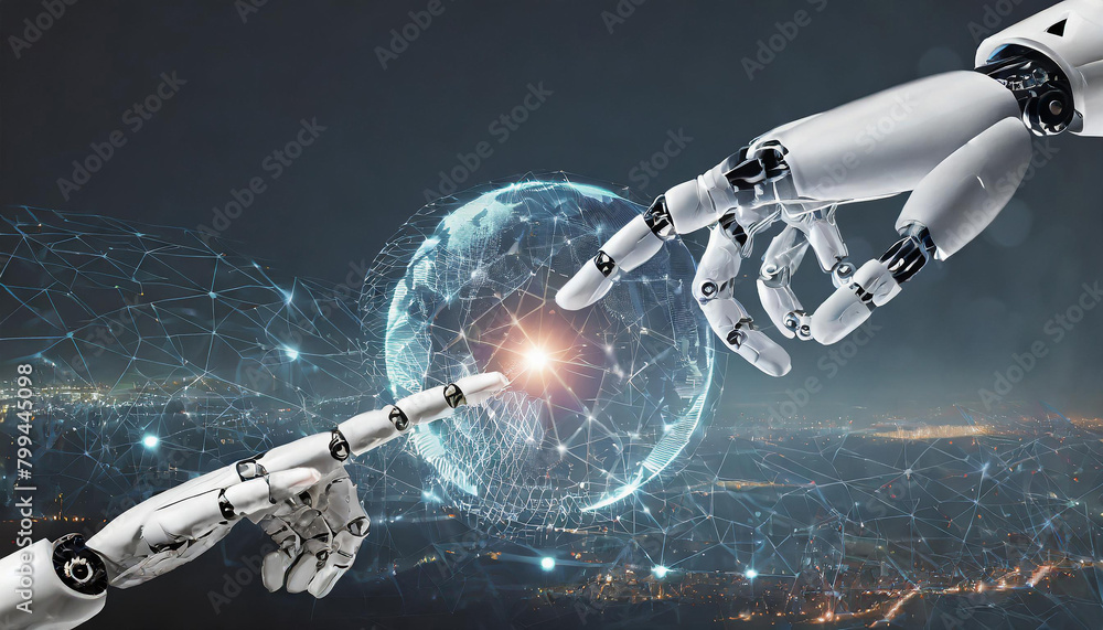 Poster illustration of robot hands touching digital world and virtual graphic interface and artificial inte
