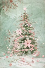 A beautiful Christmas scene in watercolor style: a green Christmas tree surrounded by ornaments and ribbons, on a soft green background. Pastel colors and dreamy designs create a magical atmosphere.