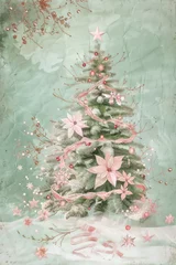 Fotobehang A beautiful Christmas scene in watercolor style: a green Christmas tree surrounded by ornaments and ribbons, on a soft green background. Pastel colors and dreamy designs create a magical atmosphere. © Neuraldesign
