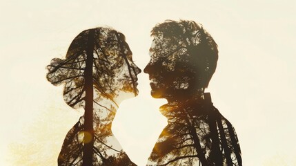 Couple silhoutte blending with nature - obrazy, fototapety, plakaty