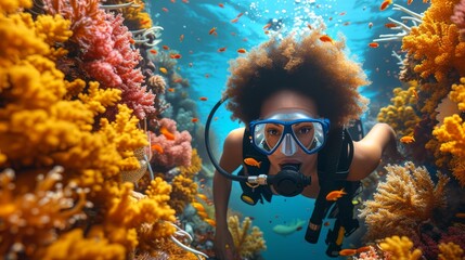 Cartoon character exploring the ocean bottom. Young woman wearing scuba gear exploring the ocean bottom. Active recreation, scuba diving. Corals, seaweed, starfish, and a scuba diver.