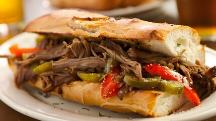italian beef sandwich chicago, fresh gourmet food homemade with roasted beef and bell pepper - obrazy, fototapety, plakaty